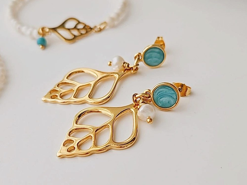 Enamel Earrings with Seashell Pendants