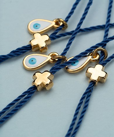 Navy μαρτυρικό βραχιόλι βάπτισης με μπλε κορδόνι και χρυσούς σταυρούς - χονδρική κοσμήματα βάπτισης