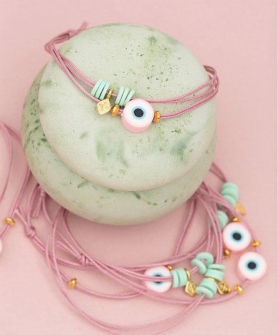 Ροζ pastel μαρτυρικά με χάντρες, μάτια και επίχρυσα charms - χονδρική components βάπτισης