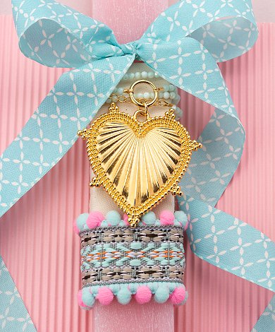 Λαμπάδα Πάσχα με χρυσή καρδιά και ροζ χάντρες - heart charm components χονδρική