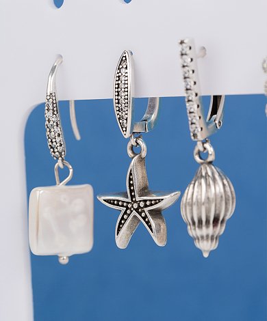 Silver brass earring hooks with shell starfish and pearl charms - interchangeable earring components wholesale