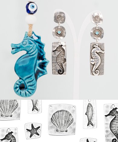 Θαλάσσια charms και μοτίβα χονδρικής για κατασκευή κοσμημάτων, σκουλαρίκια με ιππόκαμπο και κολιέ με κοχύλι