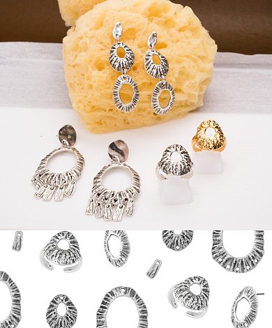 Επάργυρα και επίχρυσα εξαρτήματα κοσμημάτων χονδρικής εμπνευσμένα από πεταλίδα, σκουλαρίκια και δαχτυλίδια με οργανική θαλάσσια υφή