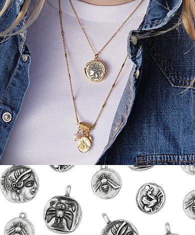 Wholesale coin pendant necklaces with ancient motifs in gold and silver for layered jewelry collections