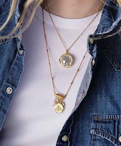 Layered χρυσά κολιέ με coin pendants και charms νομισμάτων χονδρικής για κατασκευή κοσμημάτων, με αρχαίο νόμισμα και κρεμαστά μοτίβα