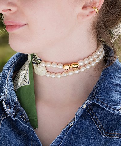 Model wearing scarf necklace with pearls and wholesale scarf jewelry components