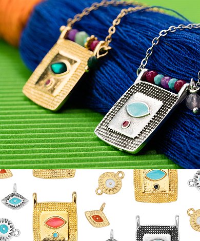 Gold plated evil eye pendant charms with colorful enamel details and textured square frames - wholesale mati jewelry components